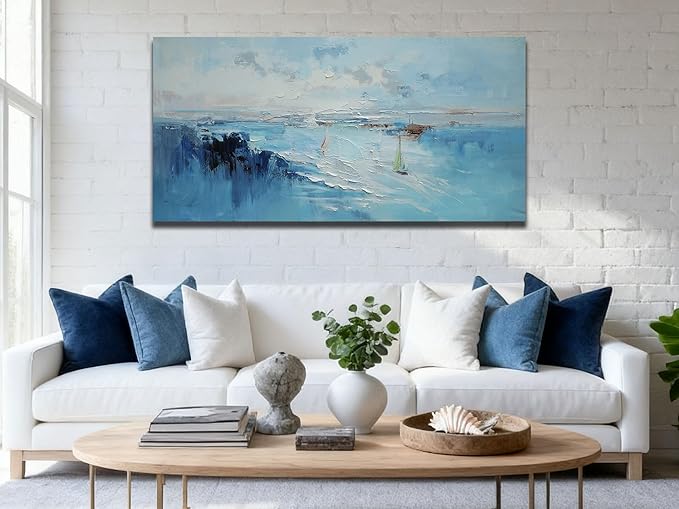 Ardemy Abstract Canvas Wall Art for Living Room Blue Coastal Textured Pictures Paintins Wall Decor Teal Artwork for Walls Home Office Kitchen Bedroom Dining Room Large 48"x24"