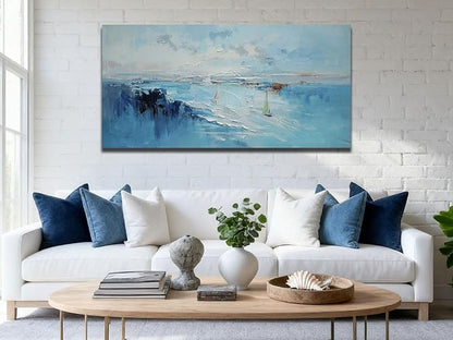 Ardemy Abstract Canvas Wall Art for Living Room Blue Coastal Textured Pictures Paintins Wall Decor Teal Artwork for Walls Home Office Kitchen Bedroom Dining Room Large 48"x24"