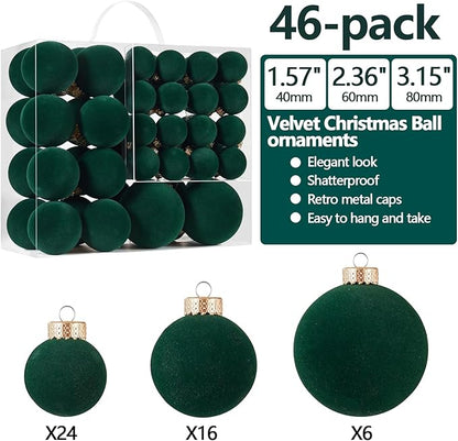 Velvet Christmas Ball Ornaments Set-46pcs Flocked Shatterproof Christmas Tree Decorations Plastic Xmas Decorative Hanging Ornaments for Xmas Holiday Home Decor,3 Sizes(Dark Green)