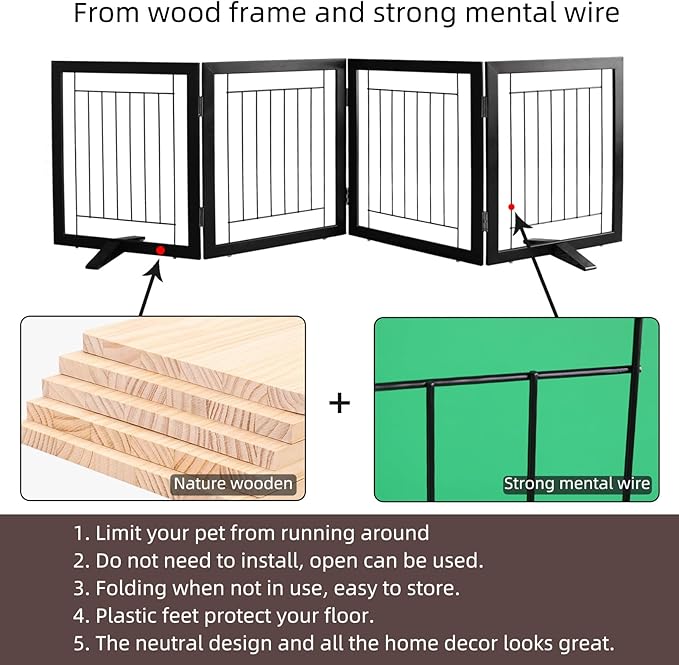 ZJSF Freestanding Dog Gate Indoor, Foldable Dog Fence for Doorways,Hallways or Stairs, Sturdy Wood Extra Wide Pet Gate with Support Feet,Black,24 "Height-4 Panels