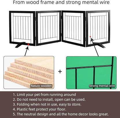 ZJSF Freestanding Dog Gate Indoor, Foldable Dog Fence for Doorways,Hallways or Stairs, Sturdy Wood Extra Wide Pet Gate with Support Feet,Black,32 "Height-4 Panels