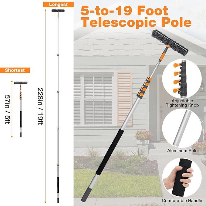 19Ft Window Squeegee with Extension Poles, 2-in-1 Window Cleaning Kit with Telescopic Pole, Extra-Large 14" Window Squeegee, Window Cleaner Tool with Adjustable Head, for High Window, Glass, RV