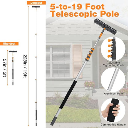 19Ft Window Squeegee with Extension Poles, 2-in-1 Window Cleaning Kit with Telescopic Pole, Extra-Large 14" Window Squeegee, Window Cleaner Tool with Adjustable Head, for High Window, Glass, RV