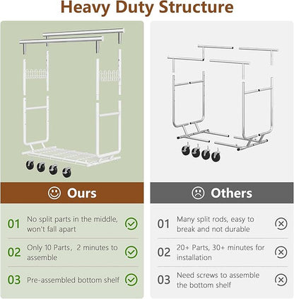 Hoctieon 2-Minute Assembly Double Rod Clothes Rack, Heavy Duty Rolling Clothing Racks with Wheels, Foldable Commercial Garment Rack, Extendable Hanging Bar, Adjustable Metal Pole with Hooks, White