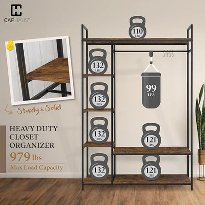 CAPHAUS 979lbs Capacity Garment Rack for Hanging Clothes, Heavy Duty Open Wardrobe w/Hanging Rods & Fabric Drawers, Free Standing Closet Organizer, Metal Closet Rack w/Rustic Oak Wooden Shelves