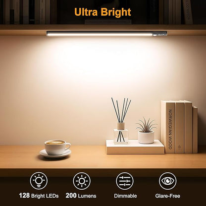 Gritin 14.7inch Under Cabinet Lighting Rechargeable - 128 LED Super Bright, 3-Color&5 Level Brightness, 4 Modes, Motion Sensor, Long Lasting-Easy Installation Magnetic Closet Lights - 2 Pack-Black