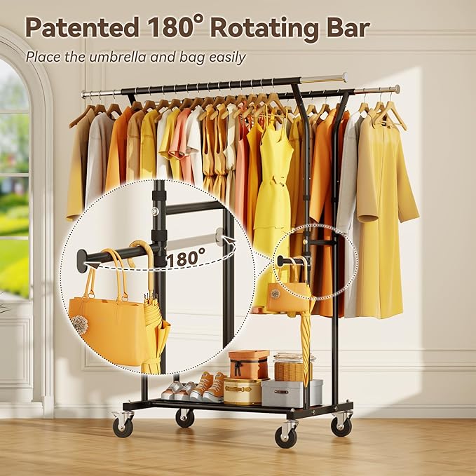 800LBS Heavy Duty Clothes Rack: Rolling Clothing Rack for Hanging Coat Double Rods Portable Wardrobe Garment Racks with Wheels Shelf Sturdy Metal Adjustable Bedroom Laundry Living Room (Black)