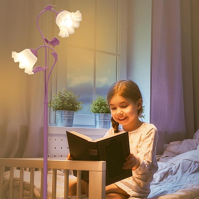 HMVPL Purple Floral Floor Lamp, Girls Flower Floor Lamp for Bedroom, Cute Lotus Standing Lamp with 2 LED 5W Blubs, Foot Switch, Unique Flower Tall Lamp for Living Room Kids Nursery Bedside Corner