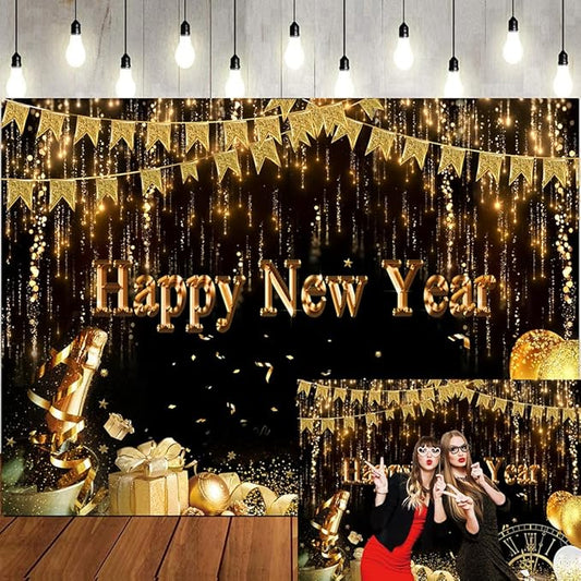 LTLYH 7x5ft Happy New Year Backdrop Gold Glitter Party Decoration 2026 New Year Eve Photography Background Black and Gold Celebration Banner for Party Supplies