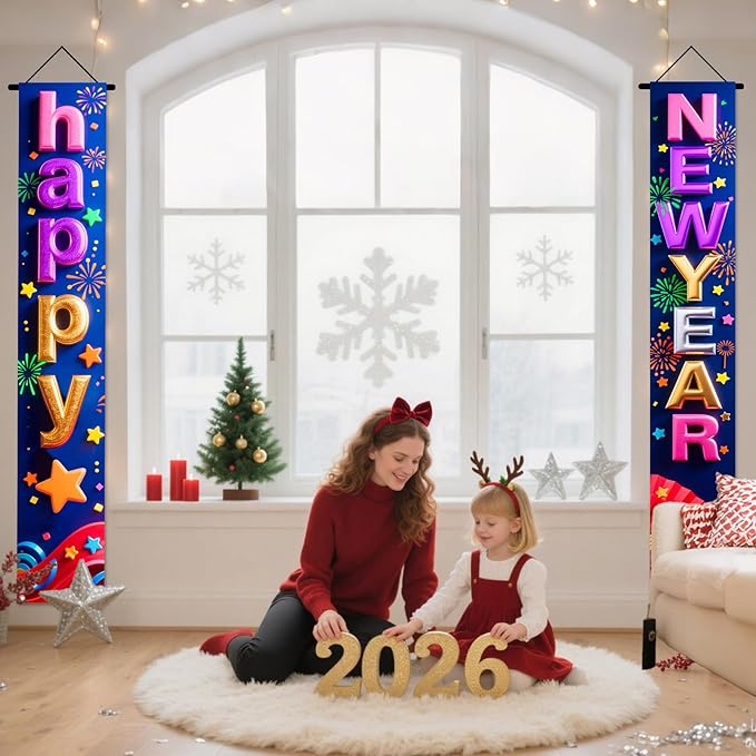 Nuxovilar Happy New Year Banner, 70.86" x 11.81" Colorful Letters Blue Purple Background Hanging Decorations for Outdoor Indoor Home Wall
