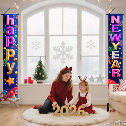 Nuxovilar Happy New Year Banner, 70.86" x 11.81" Colorful Letters Blue Purple Background Hanging Decorations for Outdoor Indoor Home Wall
