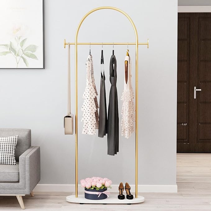 Gold Clothing Racks Heavy Duty, Gold Coat Racks Standing With Marble Base, Modern Coat Racks for Hanging Clothes, Clothing Racks for Boutique, Office