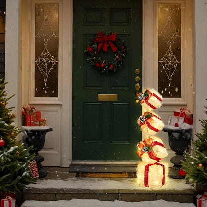 Christmas Lighted Gift Boxes Decorations Set of 4, 2.8Ft Stackable Christmas Nesting Boxes Battery Operated for Home and Party Decoration (8"-6"-5"-4", Red Bow)