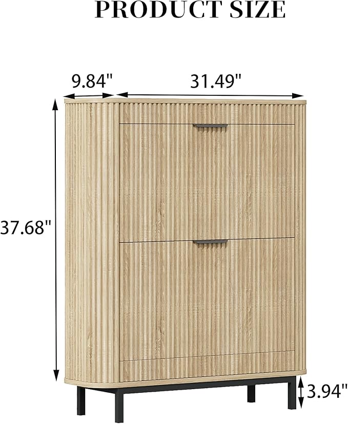 Shoe Cabinet with 2 Flip Drawers, Arc Narrow Wood Shoe Storage Cabinet with Fluted Panel and Metal Legs, Freestanding Wood Hidden Shoe Rack Cabinet for Foyer, Hallway, Nature