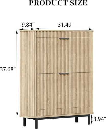 Shoe Cabinet with 2 Flip Drawers, Arc Narrow Wood Shoe Storage Cabinet with Fluted Panel and Metal Legs, Freestanding Wood Hidden Shoe Rack Cabinet for Foyer, Hallway, Nature