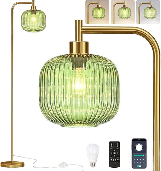 Glass Floor Lamp for Living Room,Bedroom,Dimmable Standing Lamp with Remote,Gold Brass Tall Lamp Mid Century Modern Floor Lamps Green LampShade Boho Vintage Retro Farmhouse Floor Light Bohemian