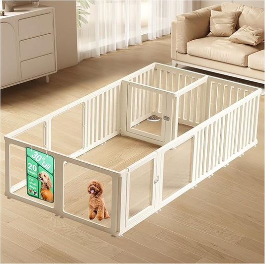Transparent 20-Panel Dog Playpen, Acrylic Indoor/Outdoor Puppy Pen for Small & Medium Dogs, 30 Inch with Door, White(Ventilated Design 97 * 50 Two Rooms,30 inch)