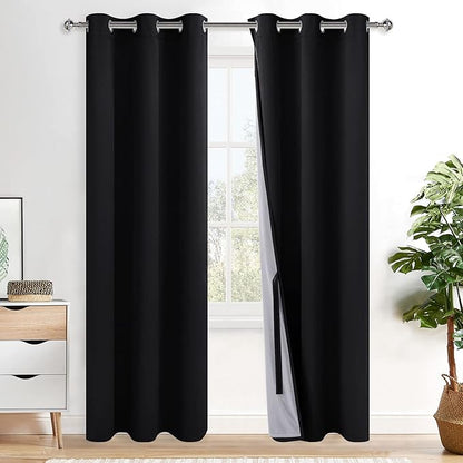XWZO 100% Blackout Curtains 84 Inches Long with Tiebacks- Privacy Protection, Energy Efficiency Window Draperies Grommet Top with Black Liner for Bedroom/Living Room, Black, W38 x L84, Set of 2