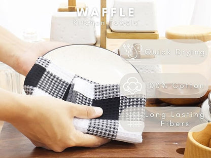 PurpleEssences 100% Cotton Waffle Weave Check Plaid Kitchen Towels, Super Soft and Absorbent Dish Towels for Drying Dishes 15 x 25-4 Pack - Christmas Holiday Winter - Black and White