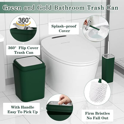 Dark Green Bathroom Accessories Set, Green Bathroom Set with Trash Can, Toothbrush Holder, Toothbrush Cup, Soap Dispenser, Soap Dish, Toilet Brush Holder, 2 Qtip Holder Dispensers and Tray