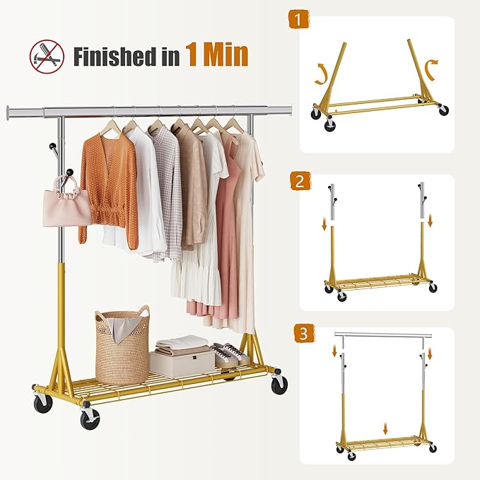 Heavy Duty Clothes Rack Load 530 LBS Metal Clothing Garment Rack Hang 200 pieces of clothing on Wheels Rolling Portable Collapsible & Adjustable with Hook for Hanging Clothes Gold