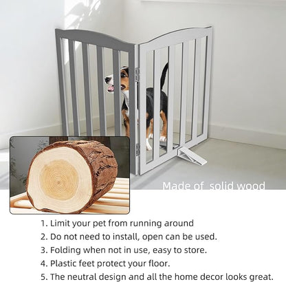 ZJSF Foldable Freestanding Indoor Dog Gate for House Wood Long Pet Gates Dog Fence for Stairs Puppy Gates for Hallways, Puppy Gate,Support Feet Included, Grey, 24 "Height-2 Panels