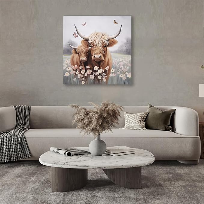 Anolyfi Bathroom Highland Cow Canvas Wall Art Rustic Flower Farmhouse Picture Animal Landscape Painting Abstract Textured Artwork Framed for Bedroom Living Room Kitchen Office Home Decor 20"x20"
