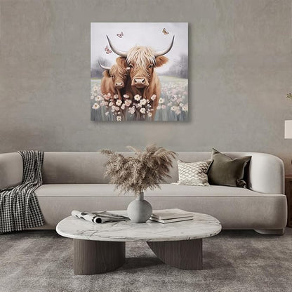 Anolyfi Bathroom Highland Cow Canvas Wall Art Rustic Flower Farmhouse Picture Animal Landscape Painting Abstract Textured Artwork Framed for Bedroom Living Room Kitchen Office Home Decor 20"x20"