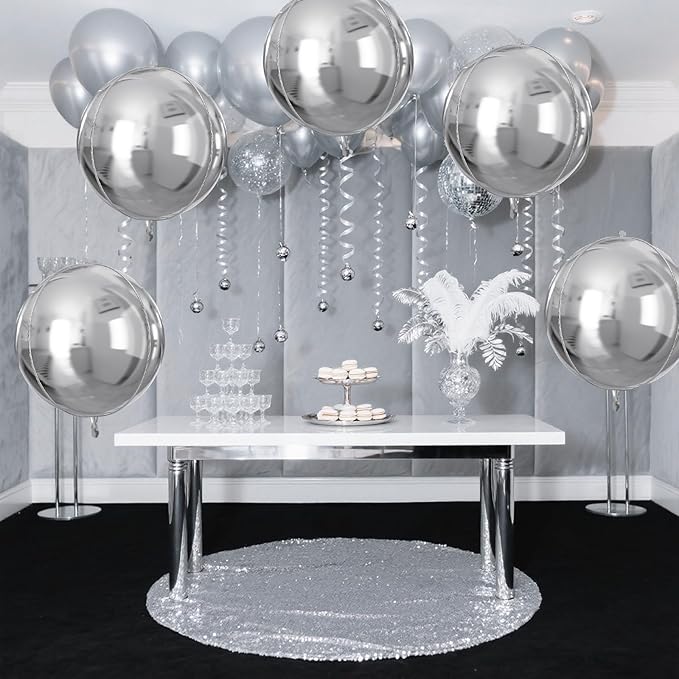 Silver Round Foil Balloons 9 pcs,Metallic Silver Giant 4D Round Balloons 22 Inch for Wedding Graduation Anniversary Baby Shower Birthday Party Decorations