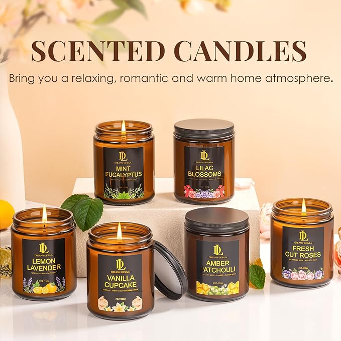 6 Pack Candles for Home Scented, Christmas Holiday Candles Gifts for Women Men, Soy Candle Set Scents of Fresh Cut Roses/Lemon Lavender/Vanilla Cupcake/Amber Patchouli/Lilac Blossoms/Mint Eucalyptus