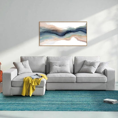 HLNIUC Blue Abstract Wall Art, Watercolor Line 40"x20" Framed Art, Modern Wave Canvas Wall Decor, Natural Landscape Paint Stroke Prints for Living Room, Bedroom, Office