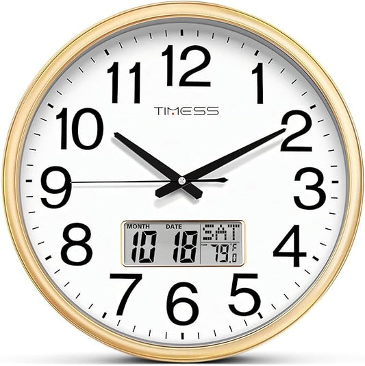 Wall Clock, 16 Inch Non-Ticking Silent Battery Operated Quartz Analog with LCD Display for Perpetual Calendar and F° Temperature, Ideal Modern Home, Bedroom, Kitchen, Office Décor (Gold)