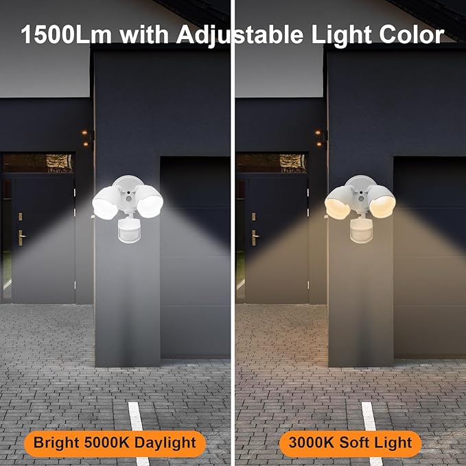 15W 1500 Lumen LED Security Lights with Motion Sensor Outdoor, 3000K/5000K Light, IP65 Waterproof, Dusk to Dawn, Dual-Head Motion Detected Flood Wall Light for Garage Yard Porch (White)