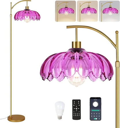 Floor Lamp for Living Room,Bedroom,Gold Dimmable Standing Lamp with Remote,Mid Century Modern Brass Tall Lamp Retro Vintage Purple Glass Lamp Floor Light Boho Bohemian