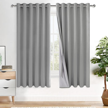 XWZO 100% Blackout Window Curtains - Thermal Insulated & Completely Room Darkening Black Liner Window Treatment with Tiebacks for Bedroom/Living Room, Light Grey, W70 x L63, Set of 2 Panels