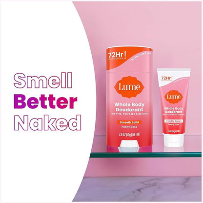 Lume Whole Body Deodorant - Invisible Cream Tube Mini + Solid Stick Bundle - 72 Hour Odor Control - Aluminum & Baking Soda Free, Skin Loving (Peony Rose)