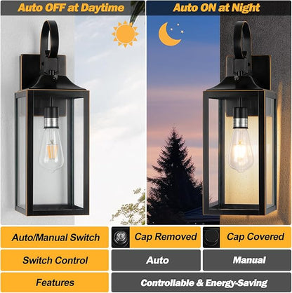19" Dusk to Dawn Outdoor Lighting 2 Pack, Large Dusk to Dawn Outdoor Wall Lights, Black Sensor Porch Lights Outdoor Exterior Lighting Fixtures Wall Mount for House Garage -with Gold Trim