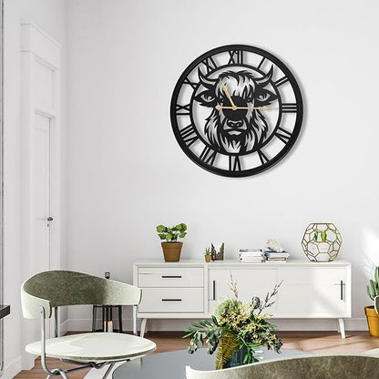 20inch Wall Clock,Large Wall Clocks for Living Room Decor,Farmhouse Black Metal Decorative Wall Clock,Wall Clocks Battery Operated for Bedroom,Kitchen(Highland Bull Wall Clock, 20 Inch)