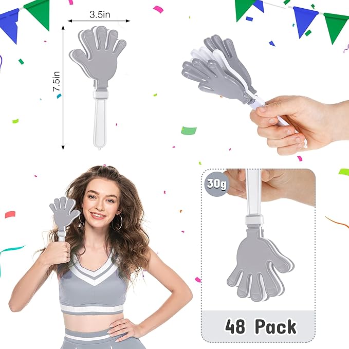 Junkin 48 Pcs Hand Clappers Bulk 7. 5 x 3. 5 Inches Noise Makers Party Favors Clapping Noise Maker Clacker for Birthdays Game Prizes Rewards Football Sporting Events Cheers Supplies (Silver,White)