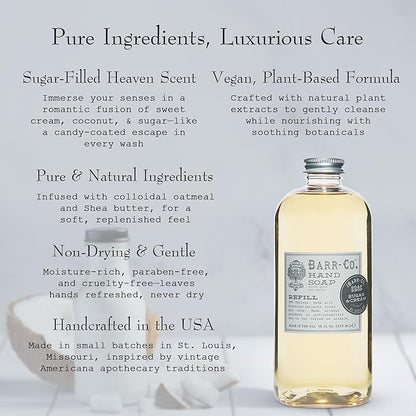 BARR-CO. Sugar & Cream Hand Soap Refill – Sweet Cream, Coconut & Sugar Scent, Natural Liquid Soap for Bathroom & Kitchen, Vegan, Moisturizing, 16 fl oz