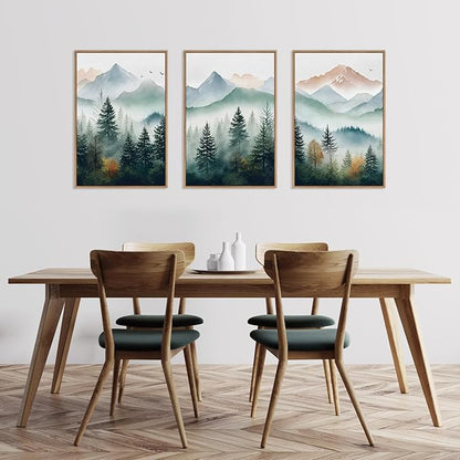 HLNIUC Misty Mountain Forest Framed Wall Art Set,Green Fog Pine Tree Wall Decor,Natural Foggy Forest Scenic Canvas Wall Painting,Fog forest Landscape Art Print for Living Room,Bedroom,Office - 16”x24”x3