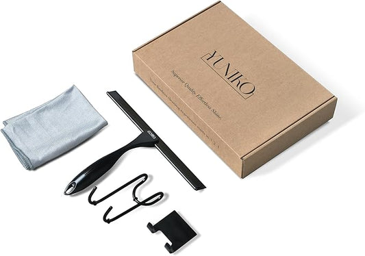 YUNIKO Shower Squeegee – Black Stainless Steel with Silicone Blade for Shower Doors, Windows, Mirrors, Tiles & Car Windows – Includes 2 Adhesive Hooks, Assembly Tool & Microfiber Cloth