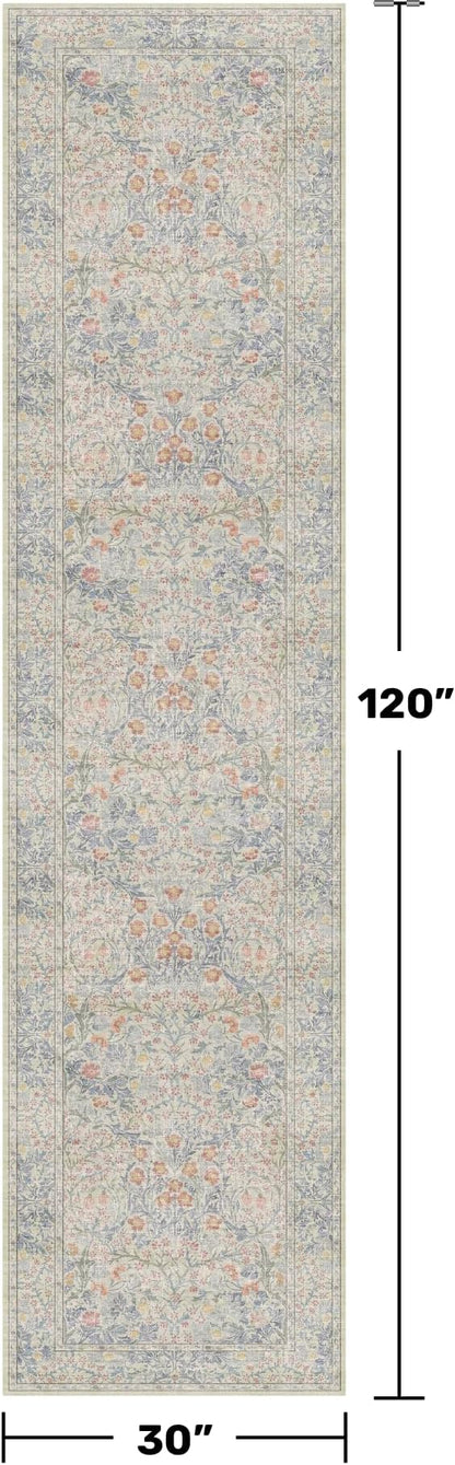 Beige Blue Washable 2'6"x10' Wide Hallway Runners, Kitchen Runner Rug, Non-Slip & Stain Resistant 10ft Long Floor Rug, Retro Lilic Boho Floral Décor