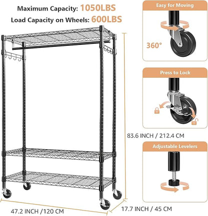 Heavy Duty Rolling Garment Rack 3 Tiers Adjustable Wire Shelving Clothes Rack with Rods and Side Hooks,Storage Closet Clothing Rack with Wheels Black 17.7" D x 47.2" W x 83.6" H