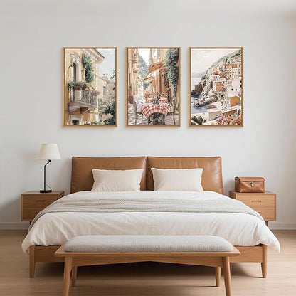 HLNIUC Vintage Italy Street Wall Art Set of 3, the Mediterranean Italian Countryside Wall Decor(16x24), Modern Cityscape Coastal Town Nature Scenery Canvas Painting for Living Room, Bedroom, Office