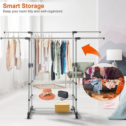 Double Rods Clothes Rack, Rolling Clothing Rack for Hanging Clothes, Portable Wardrobe Rack Max Load 77LBS, Sturdy Metal Garment Rack Coat Rack for Bedroom Laundry Living Room, Silver