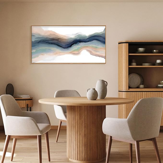 HLNIUC Blue Abstract Wall Art, Watercolor Line 40"x20" Framed Art, Modern Wave Canvas Wall Decor, Natural Landscape Paint Stroke Prints for Living Room, Bedroom, Office