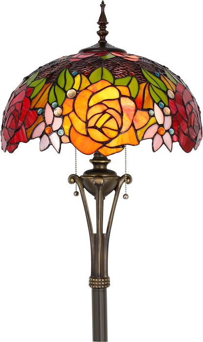 Tiffany Floor Lamp Red Yellow Rose Stained Glass Standing Reading Light 16X16X70 Inches Antique Pole Corner Lamp Decor Bedroom Office Living Room