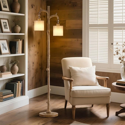 Floor Lamp for Living Room - 69" Rustic Farmhouse Tree Trunk Tall Lamp - Country Resin Vintage Reading Light Standing Lamps for Bedroom Office Classroom kid Room Home Decor (2 Reading Light, Brown)