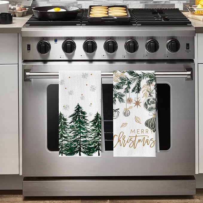 Artoid Mode Green Xmas Tree Leaves Pinecone Christmas Kitchen Towels, 18x26 Inch Quick Dry Microfiber Cloth Dish Towels for Kitchen Drying Set of 4